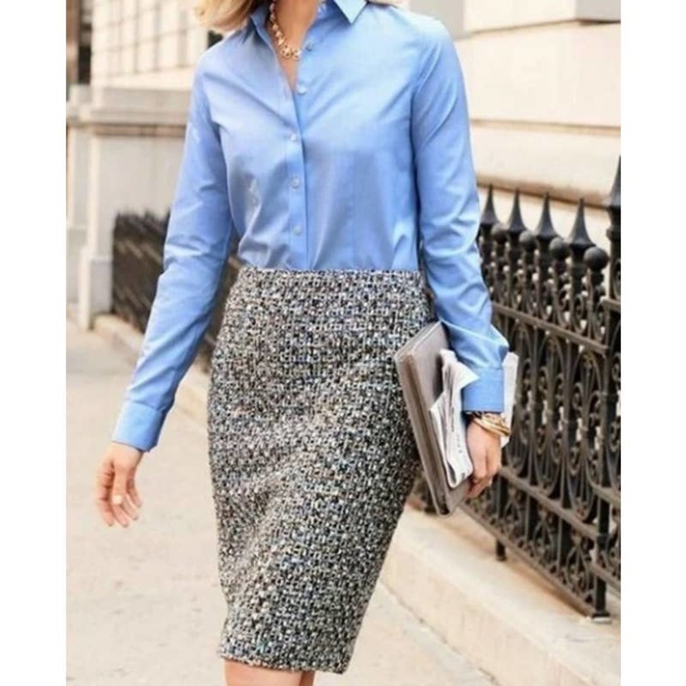 Talbots Petites Blue White Brown Tweed Wool Blend Knee Length Skirt Sz 12P